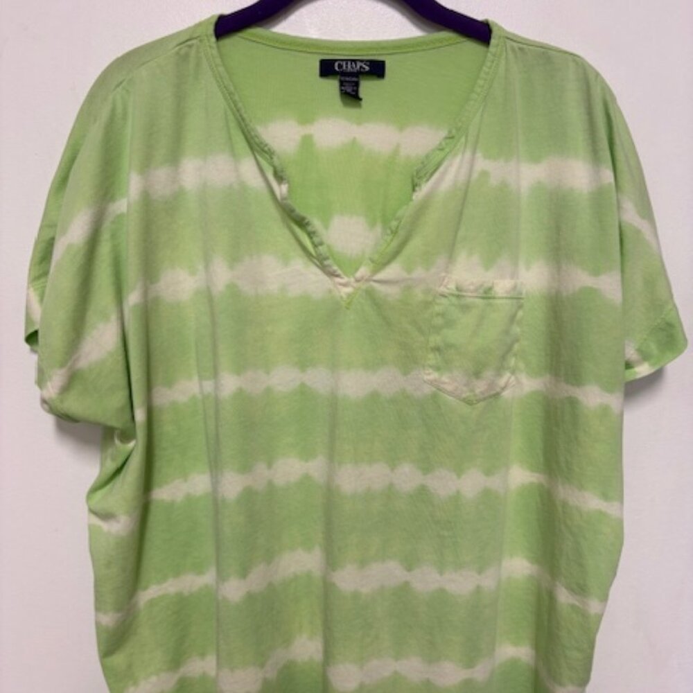 CHAPS Womens Green/White Tie Dye Short Sleeve V Neck Pocket Top Sz. 1X